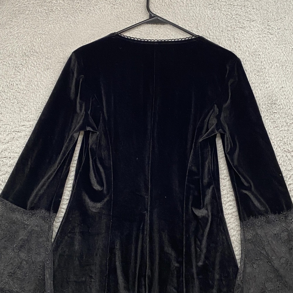 Gothic Velvet Dress Womens L Black Bell Sleeve Lace Ruffle Hem Mini Witchy Y2K - Picture 9 of 13